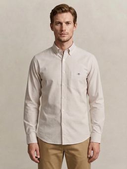 GANT - Men Poplin Beige Striped Classic Collar Shirt