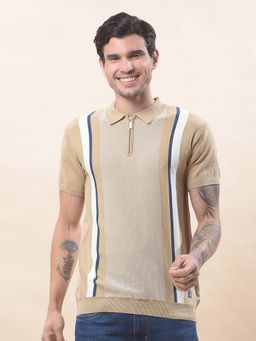 Cantabil - Striped Polo T-Shirt For Men Breathable And Soft Regular Fit Beige