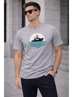 Glito - Grey Cotton Graphic Printed Round Neck T-Shirt For Men