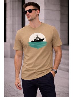 Glito - Khaki Cotton Graphic Printed Round Neck T-Shirt For Men
