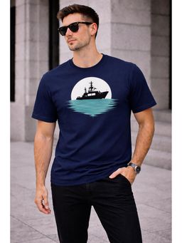 Glito - Navy Blue Cotton Graphic Printed Round Neck T-Shirt For Men