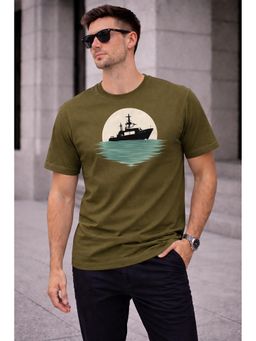 Glito - Olive Cotton Graphic Printed Round Neck T-Shirt For Men