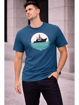 Glito - Teal Blue Cotton Graphic Printed Round Neck T-Shirt For Men
