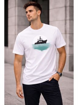 Glito - White Cotton Graphic Printed Round Neck T-Shirt For Men