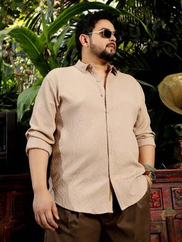 Instafab Plus - Mens Beige Self Design Full Sleeves Regular Casual Shirt