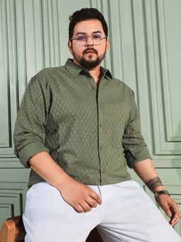 Instafab Plus - Mens Olive Self Design Three Fourth Sleeves Regular Casual Shirt