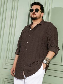 Instafab Plus - Mens Dark Brown Textured Full Sleeves Oversized Casual Shirt