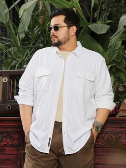 Instafab Plus - Mens White Self Design Full Sleeves Relaxed Casual Shirt