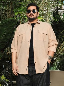Instafab Plus - Mens Beige Self Design Full Sleeves Relaxed Casual Shirt