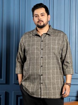 Instafab Plus - Mens Dark Khaki Windowpane Check Full Sleeves Regular Casual Shirt