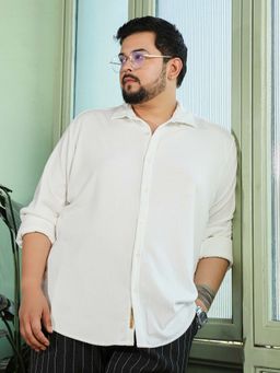 Instafab Plus - Mens Off White Textured Full Sleeves Relaxed Casual Shirt