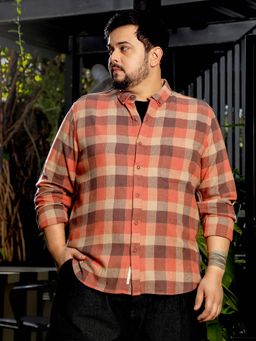 Instafab Plus - Mens Rust Tartan Check Full Sleeves Regular Casual Shirt