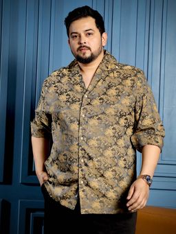 Instafab Plus - Mens Mustard Self Design Full Sleeves Regular Casual Shirt