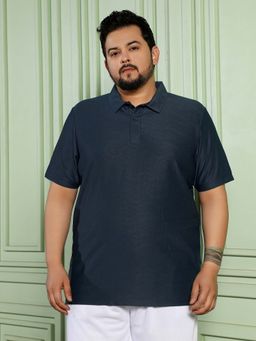 Instafab Plus - Mens Navy Blue Textured Half Sleeves Regular Polo T-Shirt