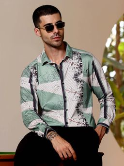 CAHOOT - Mens Sage Green Abstract Full Sleeves Regular Fit Party Shirt