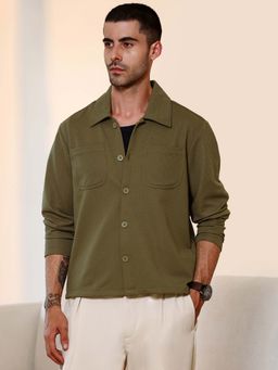 CAHOOT - Mens Dark Olive Green Textured Full Sleeves Relaxed Fit Casual Shirt