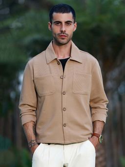 CAHOOT - Mens Khaki Self Design Full Sleeves Regular Fit Casual Shirt