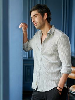 CAHOOT - Mens Light Grey Textured Full Sleeves Slim Fit Casual Shirt