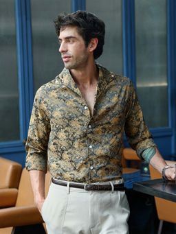 CAHOOT - Mens Mustard Jacquard Full Sleeves Regular Fit Party Shirt