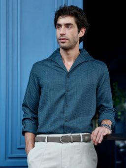 CAHOOT - Mens Teal Self Design Full Sleeves Regular Fit Shirt