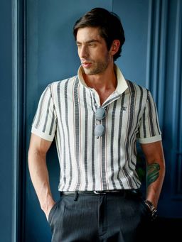 CAHOOT - Mens Cream Striped Half Sleeves Regular Fit Polo T-Shirt