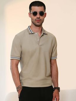 CAHOOT - Mens Beige Solid Half Sleeves Regular Fit Polo T-Shirt