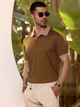 CAHOOT - Mens Brown Solid Half Sleeves Slim Fit Polo T-Shirt