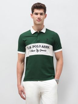 U.S. POLO ASSN. - Mens Colourblocked Brand Embroidered Slim Fit Polo Shirt Green