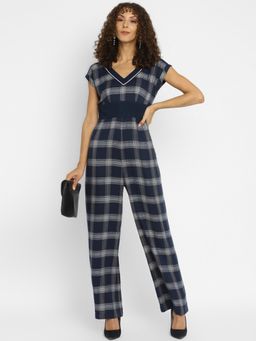 Taurus - Navy Blue Plaid Checks Yarn Dyed Cotton Jumpsuit