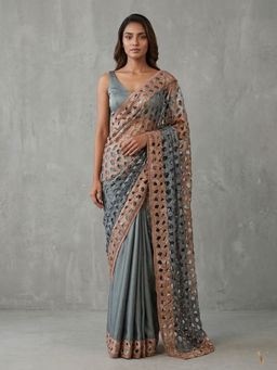"Two Sisters" by Gyans - Blue Gold Cutwork Embellished Border Saree with Stitched