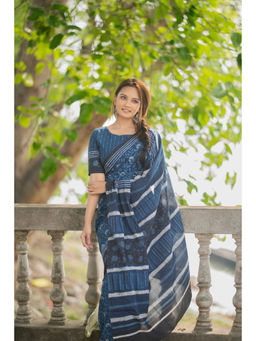Sutra Art of Clothing - Indigo Blue Floral Hand Block Print Saree with Unstitched