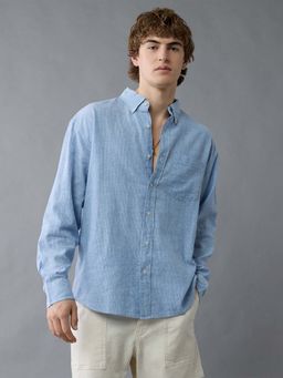 American Eagle - Men Blue Ae Everyday Relaxed Fit Linen-Blend Striped Shirt