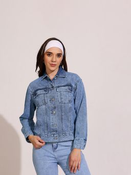 DOLCE CRUDO - Womens Light Blue Collared Full Sleeve Solid Regular Length Denim Jacket