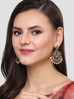 Karatcart - Antique Gold Plated Grey and Golden Pearl Studded Kundan Dangler Earrings for Women