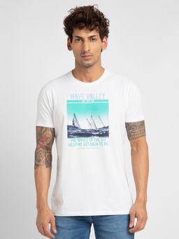Spykar - Men White Blended Slim Fit Printed Round Neck T-Shirt