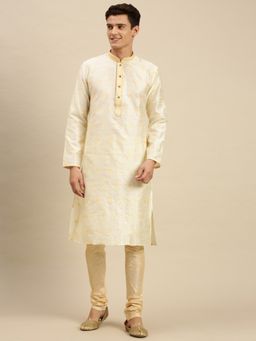 Sanwara - Men Cream Jacquard Woven Design Kurta Pyjama (Set of 2)