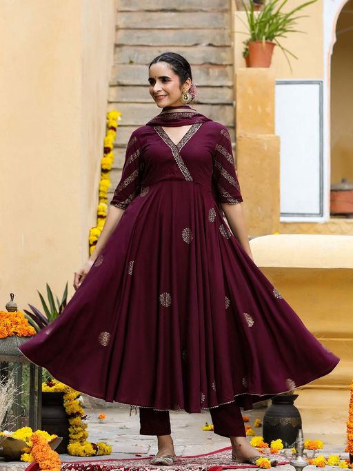 Buy Gillori Sitara Wine Gold Printed Suit (Set of 3) Online