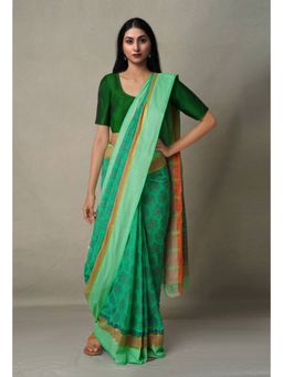 Unnati Silks - Green Pure Hand Block Printed Mangalgiri Cotton Saree with Unstitched Blouse