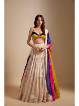 Masumi Mewawalla - Beige Tissue Lehenga with Blouse and Dupatta (Set of 3)