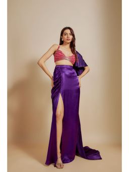 Masumi Mewawalla - Purple Embroidered Skirt with Blouse and Drape (Set of 3)