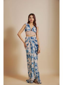 Masumi Mewawalla - Blue Shibori Embroidered Vest Coat Top with Skirt (Set of 2)