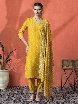 Lush Glam - Yellow Leheriya Embroidered Kurta & Pant With Dupatta (Set of 3)