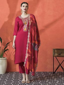 Lush Glam - Pink Floral Embroidered Kurta & Pant With Dupatta (Set of 3)