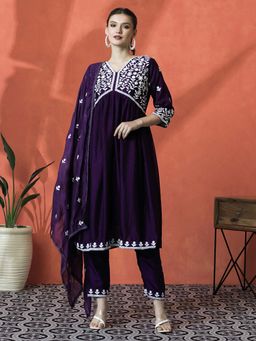 Lush Glam - Purple Floral Embroidered Kurta & Pant With Dupatta (Set of 3)