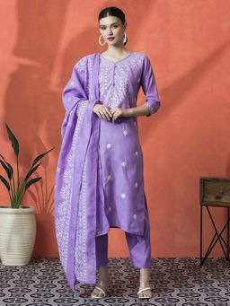 Lush Glam - Lavender Floral Embroidered Kurta & Pant With Dupatta (Set of 3)