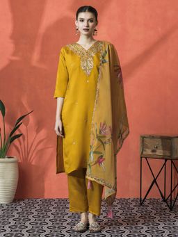 Lush Glam - Yellow Floral Embroidered Kurta & Pant With Dupatta (Set of 3)