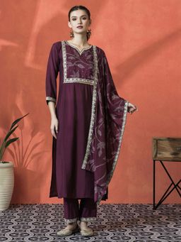 Lush Glam - Purple Floral Embroidered Kurta & Pant With Dupatta (Set of 3)