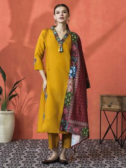 Lush Glam - Yellow Floral Embroidered Kurta & Pant With Dupatta (Set of 3)