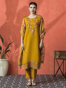 Lush Glam - Yellow Floral Embroidered Kurta & Pant With Dupatta (Set of 3)