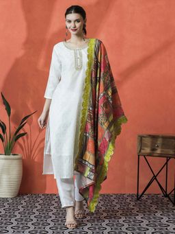 Lush Glam - Off White Floral Embroidered Kurta & Pant With Dupatta (Set of 3)